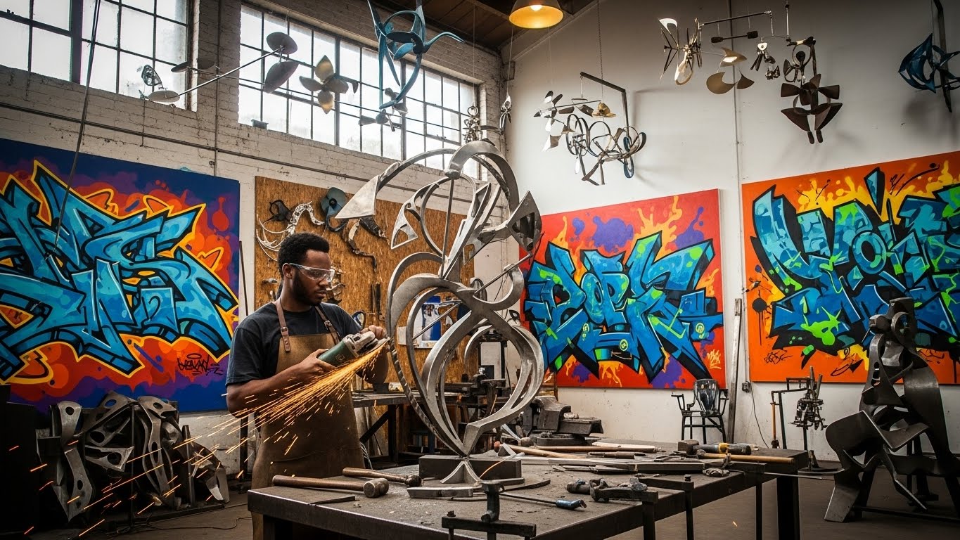 A sculptor grinding a metal kinetic sculpture in a vibrant studio