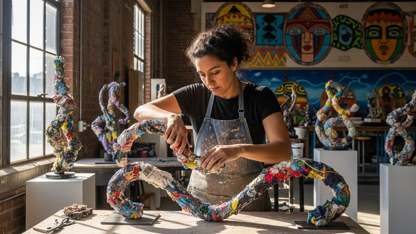 A sculptor working with recycled textile materials to form an abstract sculpture