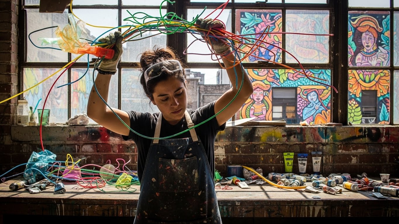 An artist holding an expressive arrangement of colorful wires in an industrial studio