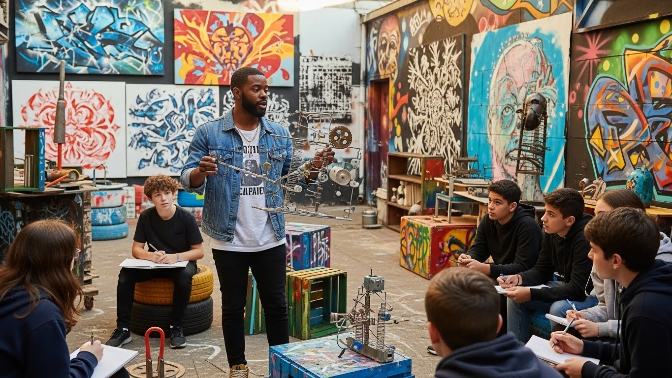 A sculptor and educator presenting a kinetic sculpture model to students in an art studio