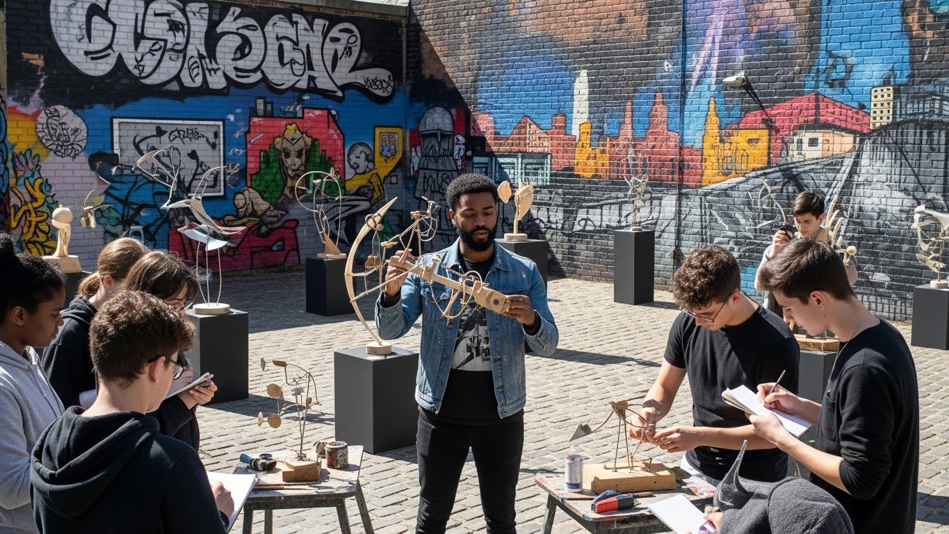 An artist teaching students to build small kinetic sculptures outdoors against a mural wall