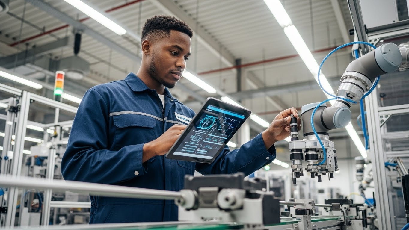 Smart factory technicians managing connected systems and robotics